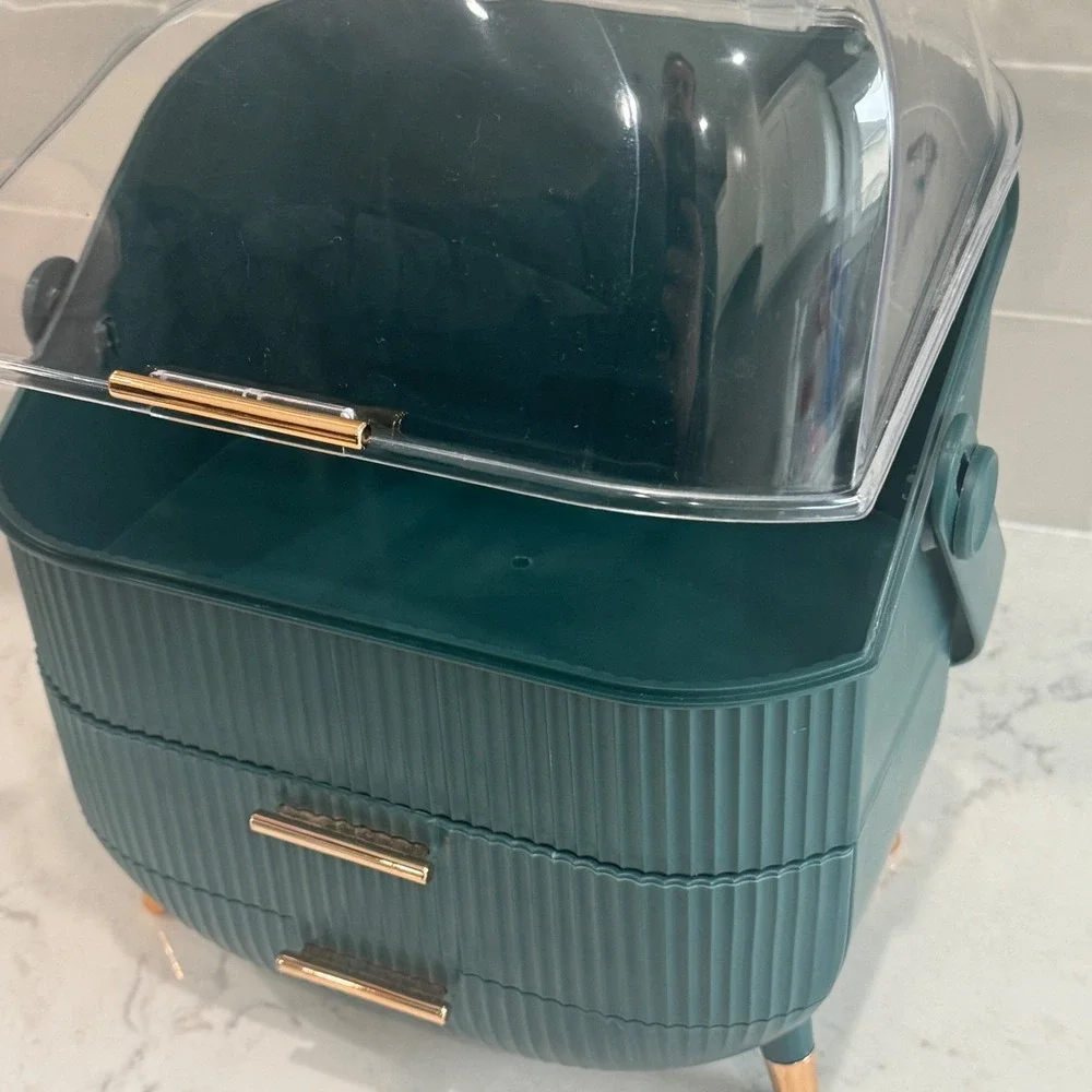Dark Green Makeup Organizer Large Capacity Dustproof Cosmetic Storage Case Rose